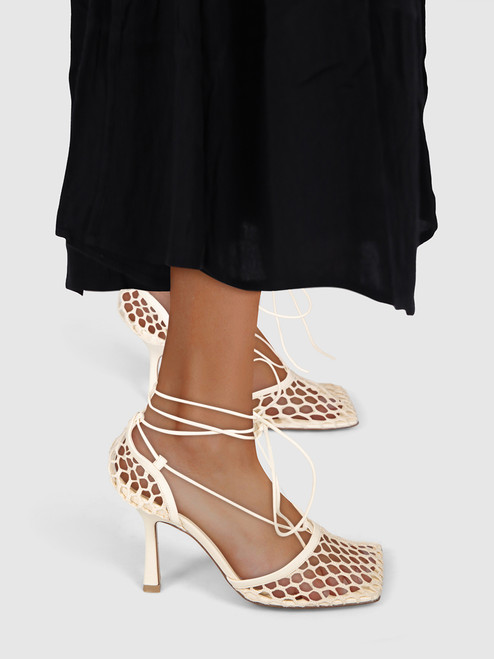 Bottega Veneta Ecru Mesh Stretch Lace-Up Sandals