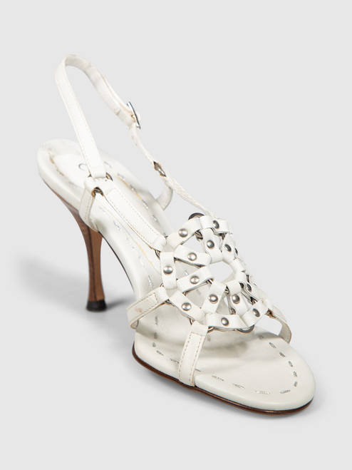Céline White Leather Heeled Slingback Sandals