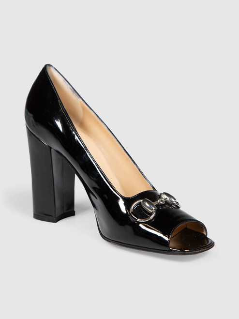 Gucci Black Patent Leather Horse Bit Heels