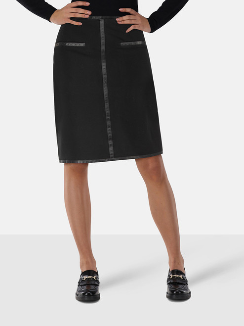 Max Mara Black Knee Length Leather Trim Skirt