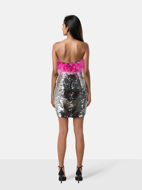 Nadine Merabi Silver Sequin & Feather Trim Cindy Dress