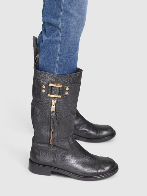 Tory Burch Black Leather Buckled Mid Calf Boots
