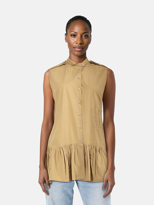 Miu Miu Brown Sleeveless Gathered Hem Blouse