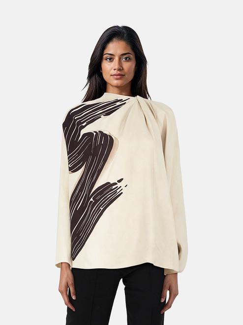 Fendi Beige Abstract Print Silk Asymmetric Blouse Fendi Beige Abstract Print Silk Asymmetric Blouse