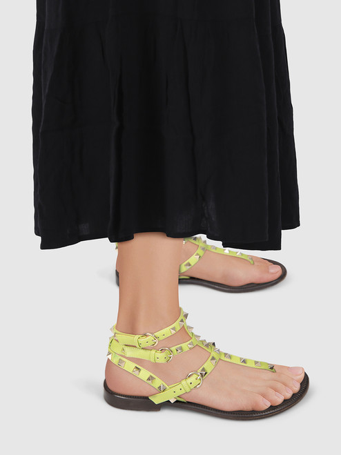 Valentino Garavani Green Leather Rockstud Flat Sandals Valentino Garavani Green Leather Rockstud Flat Sandals