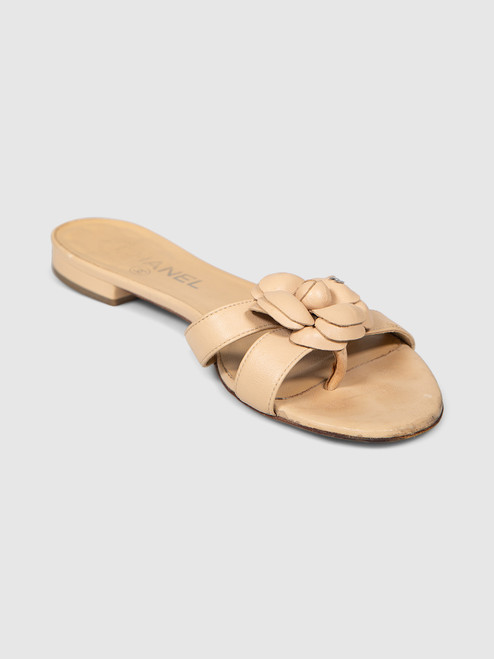 Chanel Beige Leather Camellia Sandals Chanel Beige Leather Camellia Sandals
