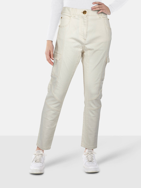 Balmain Ecru Slim Fit Logo Hardware Jeans Balmain Ecru Slim Fit Logo Hardware Jeans