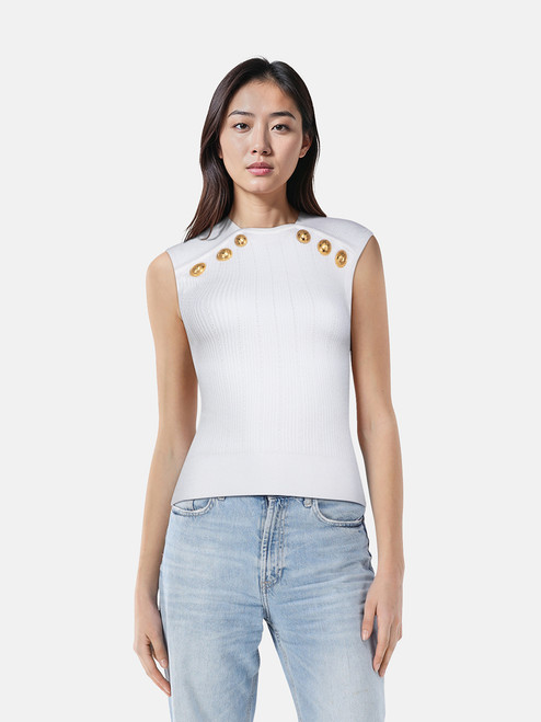 Balmain White Knit Sleeveless Button Detail Top