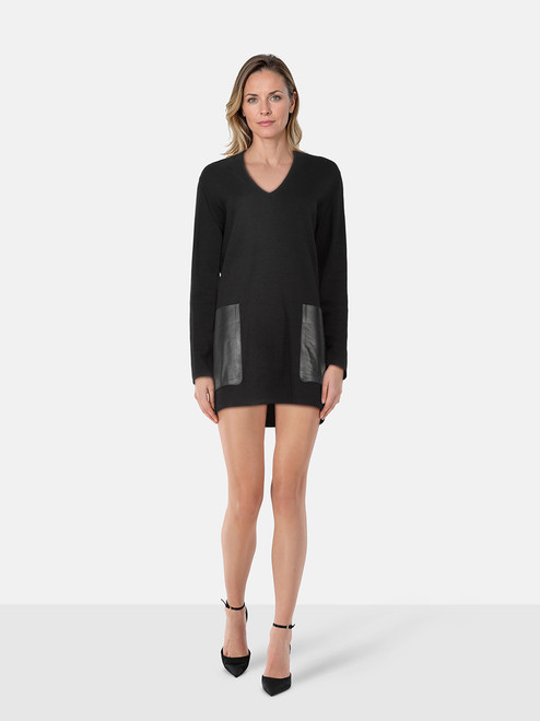 Max Mara Black V-Neck Leather Pocket Dress Max Mara Black V-Neck Leather Pocket Dress