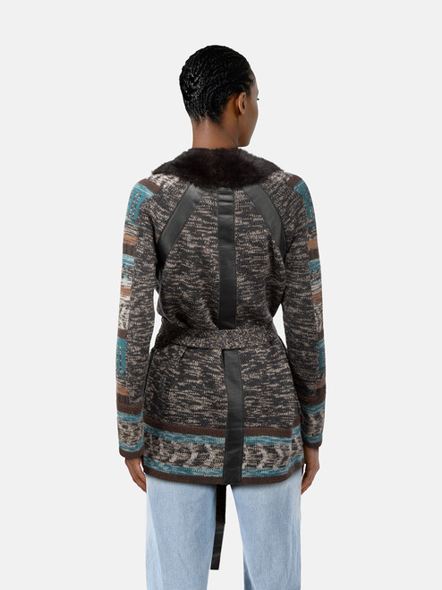 Haute Hippie Fur & Leather Trim Belted Cardigan