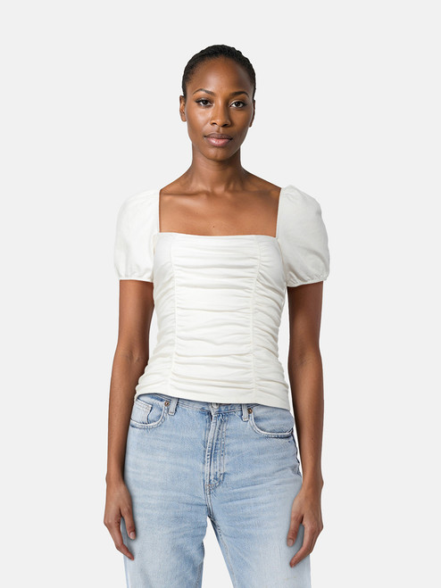 Reformation White Ruched Puff Sleeve Top