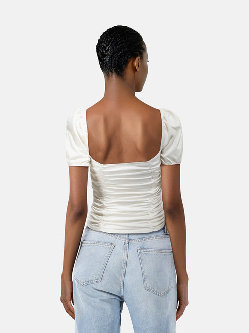 Reformation White Ruched Puff Sleeve Top