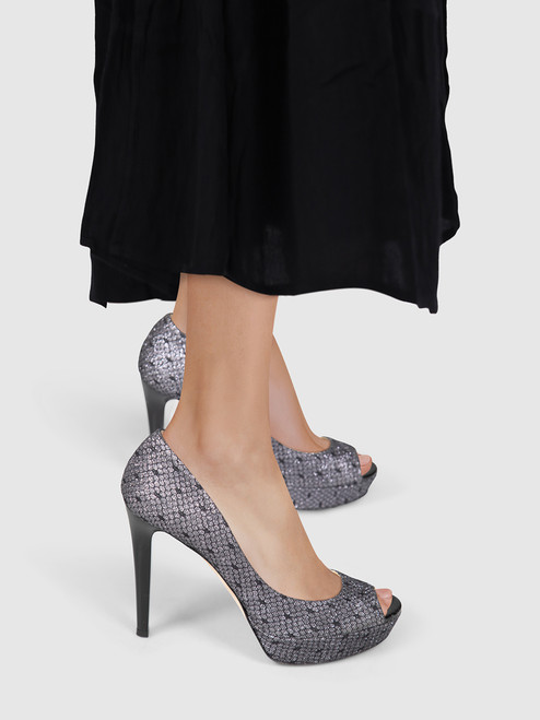 Jimmy Choo Silver & Black Glitter Peep Toe Heels