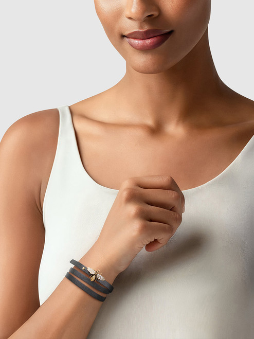 Dior Black Crystal Bee Leather Double Wrap Bracelet