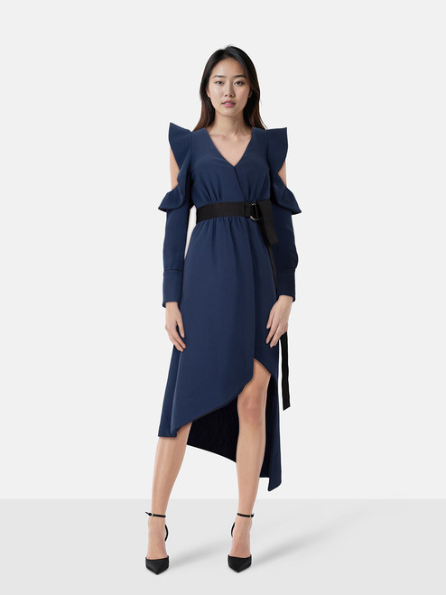 Self-Portrait Navy Cold Shoulder Asymmetric Wrap Dress Self-Portrait Navy Cold Shoulder Asymmetric Wrap Dress