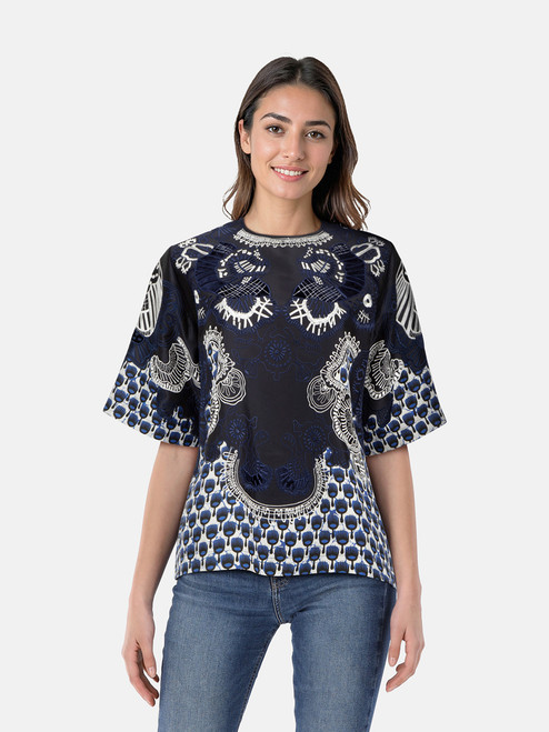 Biyan Navy Silk Embroidered Short Sleeve Blouse Biyan Navy Silk Embroidered Short Sleeve Blouse