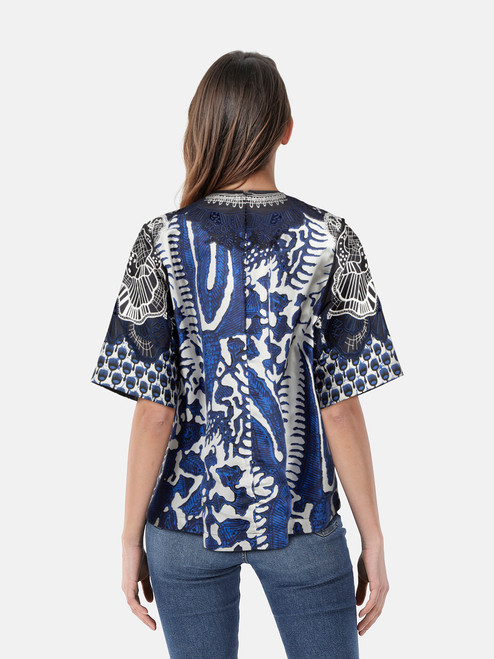 Biyan Navy Silk Embroidered Short Sleeve Blouse Biyan Navy Silk Embroidered Short Sleeve Blouse