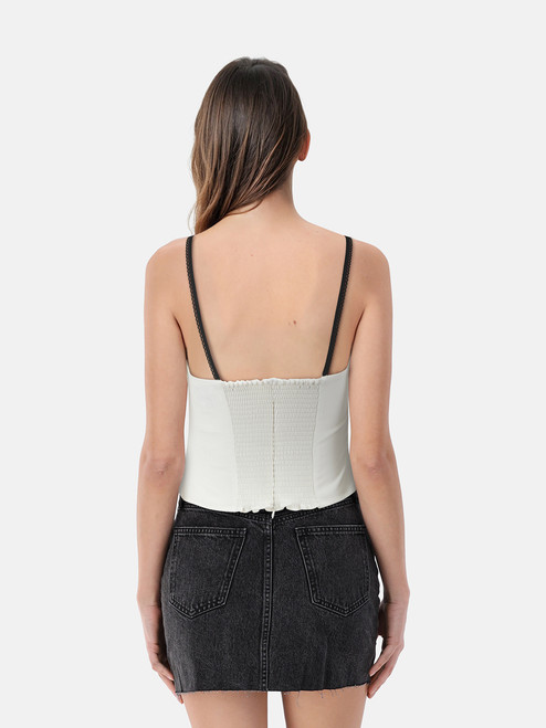 Reformation White Sleeveless Black Lace Trim Top