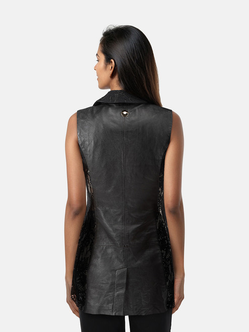 Philipp Plein Black Leather Lace Trim Vest Philipp Plein Black Leather Lace Trim Vest