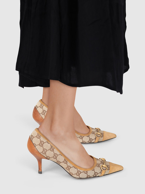 Gucci Monogram Horsebit Pointed Toe Heels Gucci Monogram Horsebit Pointed Toe Heels