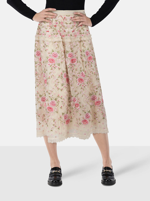 Needle & Thread Pink Floral Embroidered Midi Skirt