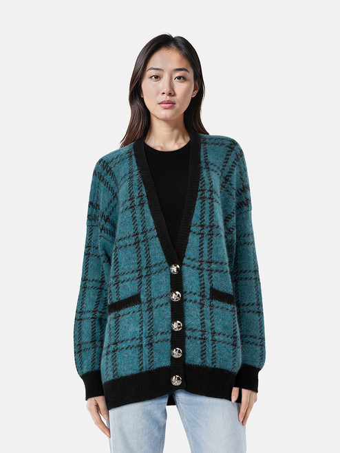 Alessandra Rich Teal Mohair Checkered Cardigan Alessandra Rich Teal Mohair Checkered Cardigan