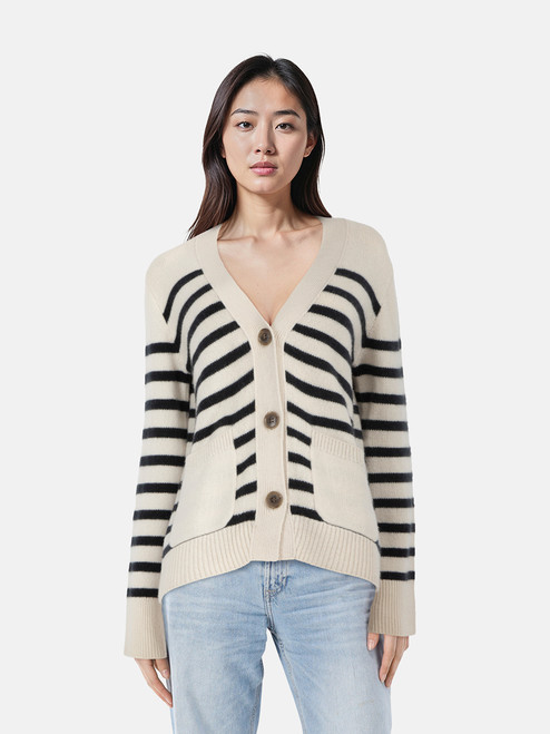 Lisa Yang Ecu & Navy Cashmere Striped Cardigan Lisa Yang Ecu & Navy Cashmere Striped Cardigan