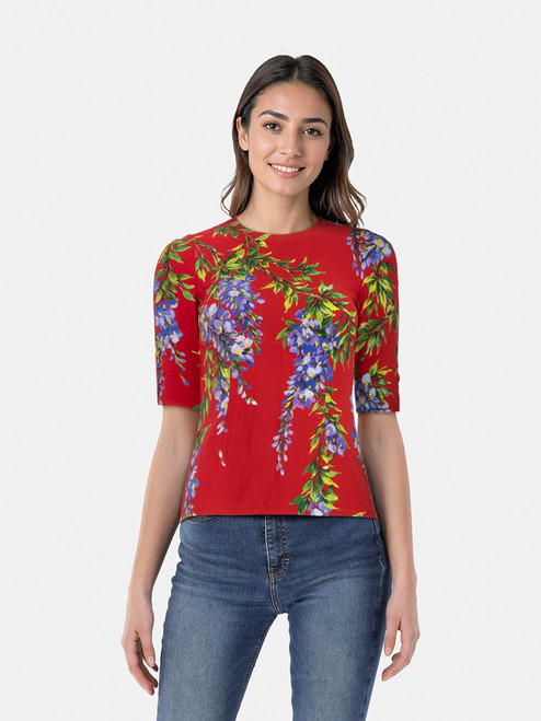 Dolce & Gabbana Red Floral Mid Sleeve Top Dolce & Gabbana Red Floral Mid Sleeve Top