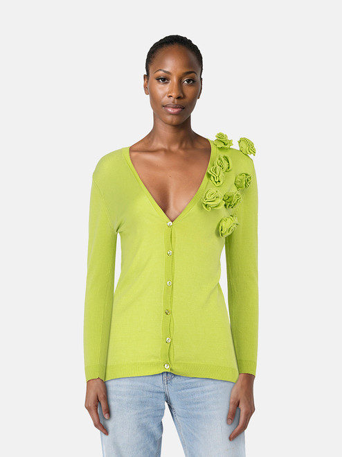 Moschino Green Silk Floral Detail Cardigan Moschino Green Silk Floral Detail Cardigan