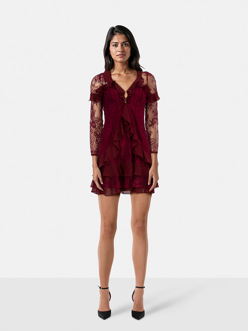 For Love & Lemons Burgundy V-Neck Daphne Lace Dress