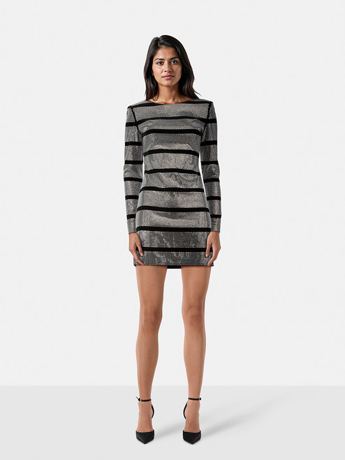 Balmain Silver Rhinestone Striped Mini Dress Balmain Silver Rhinestone Striped Mini Dress
