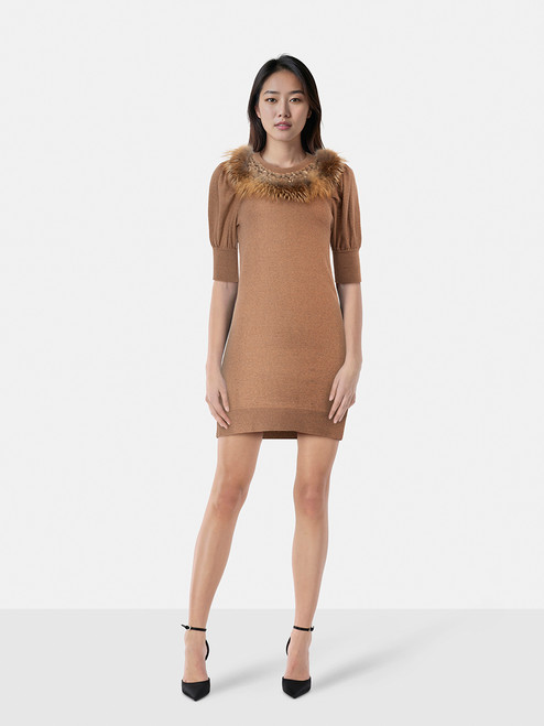 Fendi Brown Fur Trim Neckline Mini Dress Fendi Brown Fur Trim Neckline Mini Dress