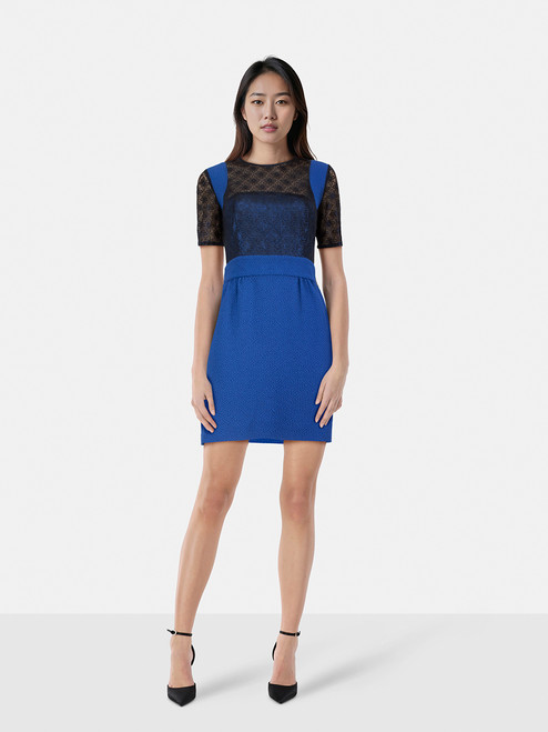 Sandro Blue Metallic Lace Panel Mini Dress Sandro Blue Metallic Lace Panel Mini Dress