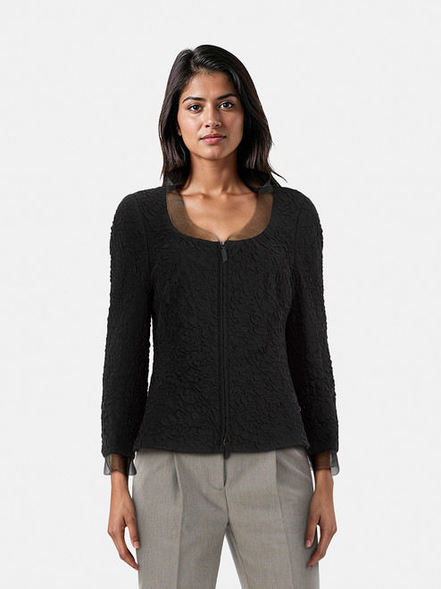 Akris Black Textured Silk Mesh Collar Jacket Akris Black Textured Silk Mesh Collar Jacket