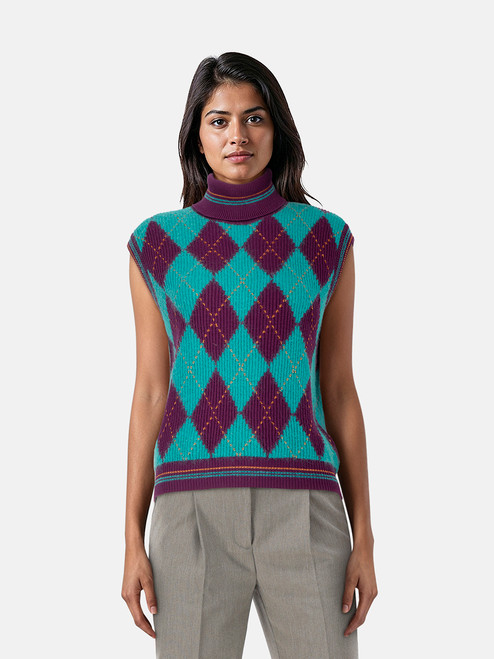 Versace Teal & Purple Wool Argyle Knit Vest Versace Teal & Purple Wool Argyle Knit Vest