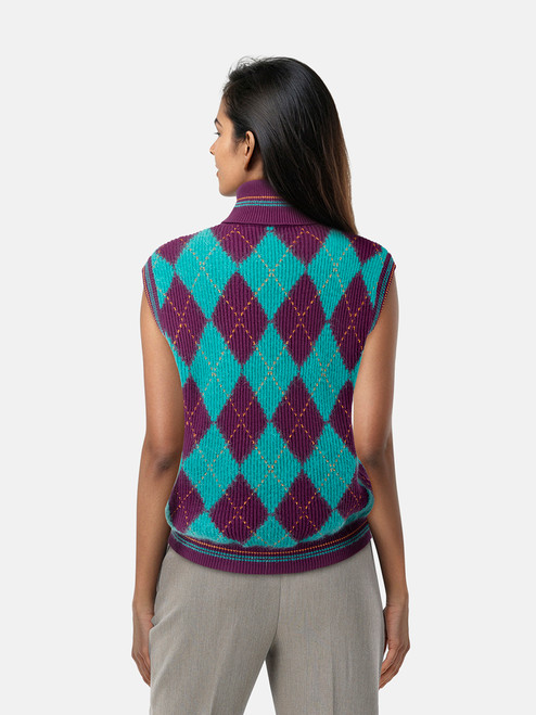 Versace Teal & Purple Wool Argyle Knit Vest Versace Teal & Purple Wool Argyle Knit Vest