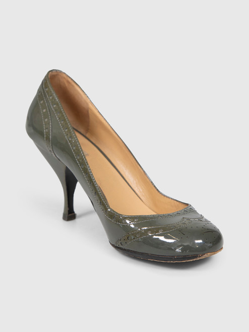 Miu Miu Khaki Patent Broderie Pumps