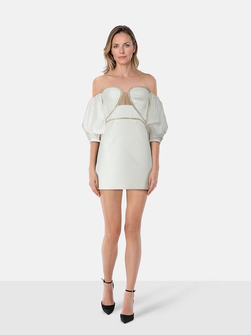 Self-Portrait White Crystal Trim Puff Sleeve Dress Self-Portrait White Crystal Trim Puff Sleeve Dress