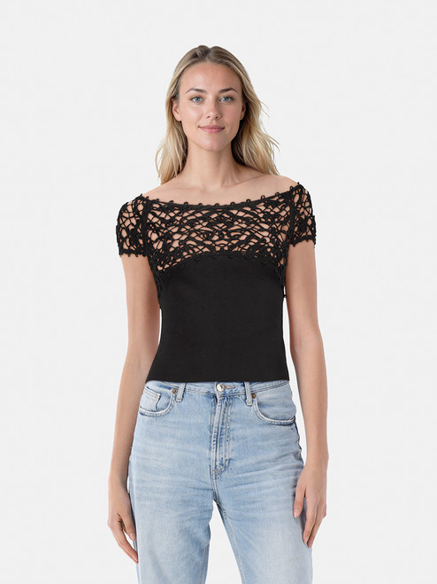 Valentino Garavani Black Lace Panel Short Sleeve Top Valentino Garavani Black Lace Panel Short Sleeve Top
