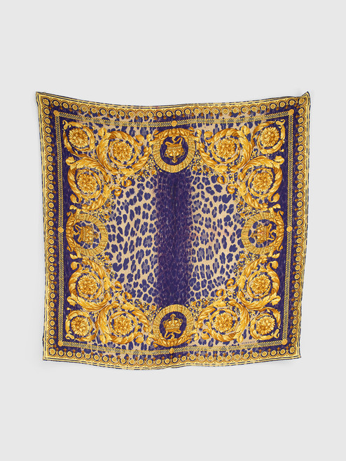 Versace Blue & Gold Silk Leopard Baroque Scarf Versace Blue & Gold Silk Leopard Baroque Scarf
