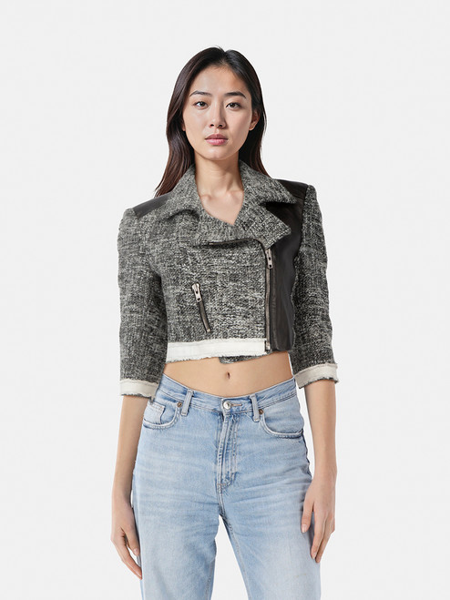 MSGM Grey & Black Asymmetric Zip Cropped Jacket MSGM Grey & Black Asymmetric Zip Cropped Jacket