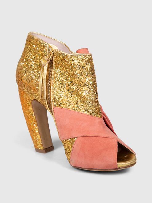 Miu Miu Gold Glitter Pink Bow Heel Boots Miu Miu Gold Glitter Pink Bow Heel Boots