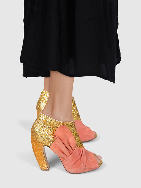 Miu Miu Gold Glitter Pink Bow Heel Boots Miu Miu Gold Glitter Pink Bow Heel Boots