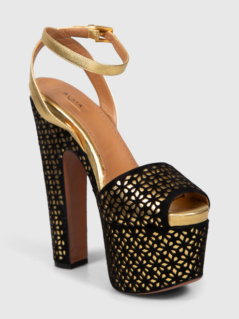 Alaïa Black & Gold Suede Laser Cut Platform Heels Alaïa Black & Gold Suede Laser Cut Platform Heels