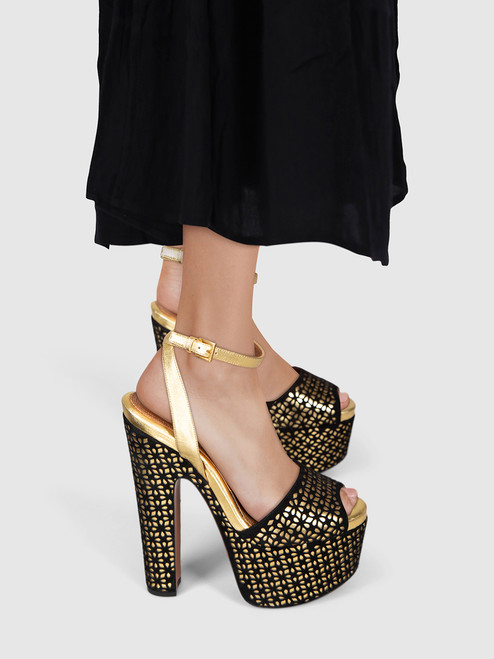 Alaïa Black & Gold Suede Laser Cut Platform Heels Alaïa Black & Gold Suede Laser Cut Platform Heels
