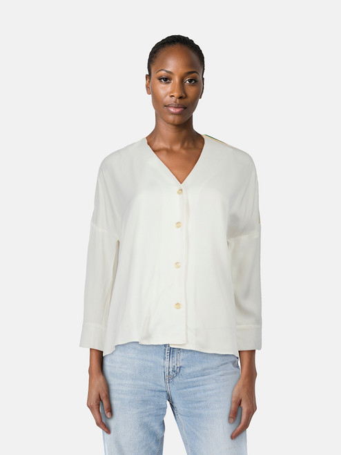 Sandro White V-Neck Shoulder Stripe Blouse Sandro White V-Neck Shoulder Stripe Blouse