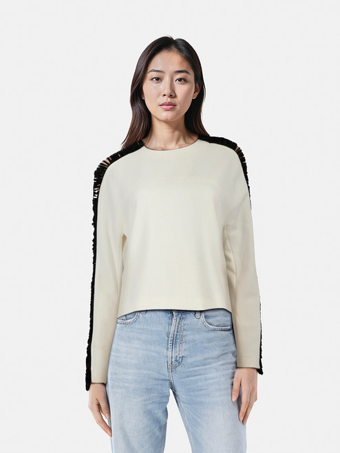 Sandro White Top With Sheer Black Panel Sleeves