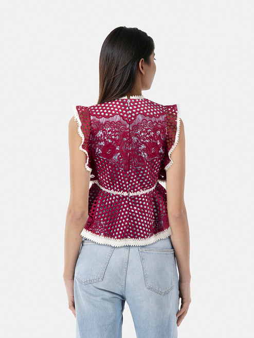 Alexis Burgundy Floral Lace Ruffle Trim Blouse Alexis Burgundy Floral Lace Ruffle Trim Blouse