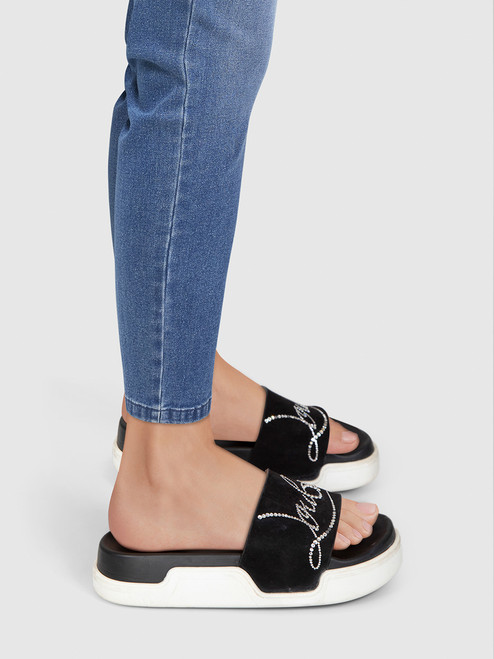 Christian Louboutin Black Suede Crystal Logo Slides Christian Louboutin Black Suede Crystal Logo Slides
