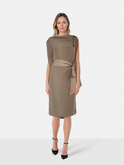 Lanvin Khaki Silk Ruched Detail Midi Dress Lanvin Khaki Silk Ruched Detail Midi Dress